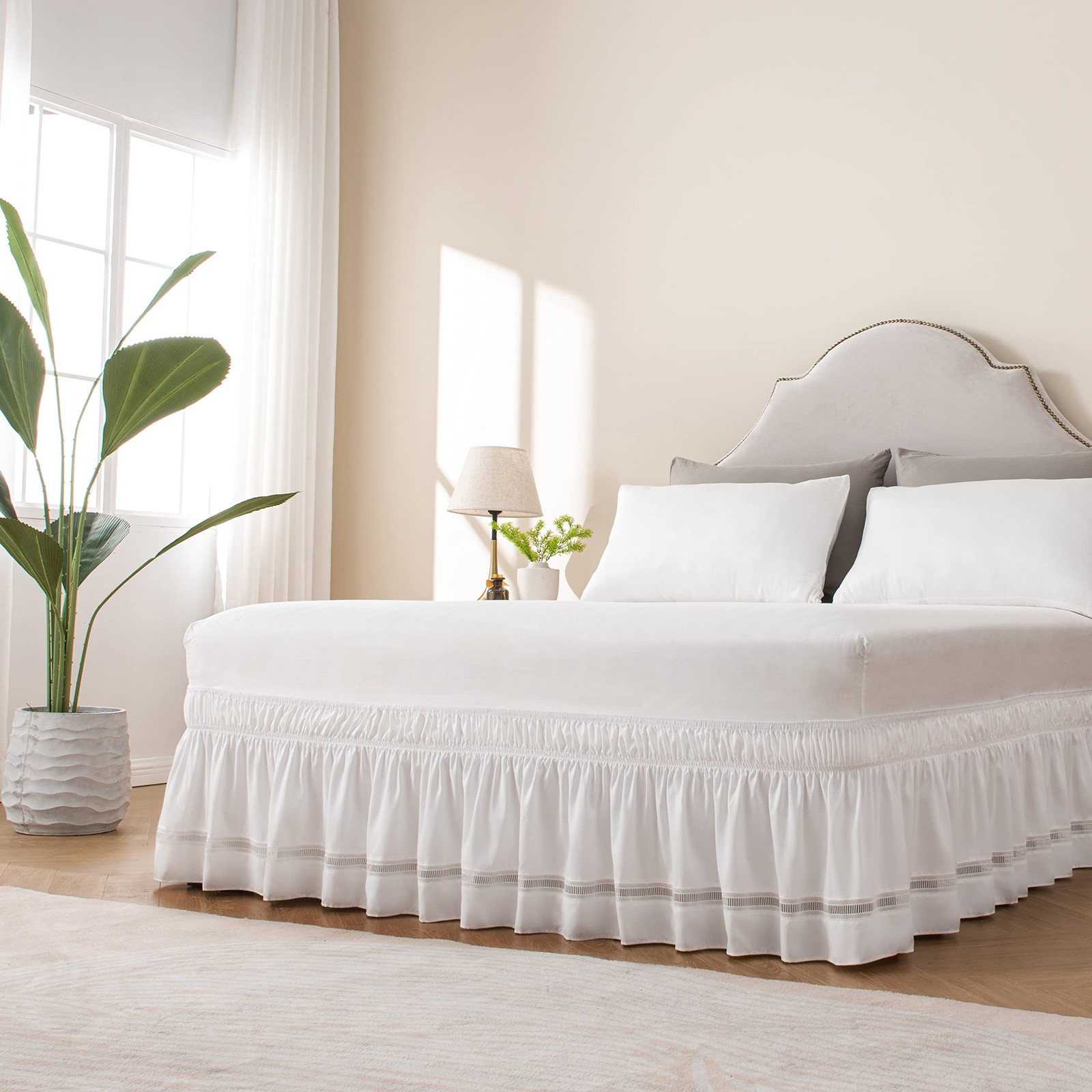 Wrap Around Ruffled Lace Bed Skirt, Elastic Dust Ruffle with Adjustable Belts... gallery