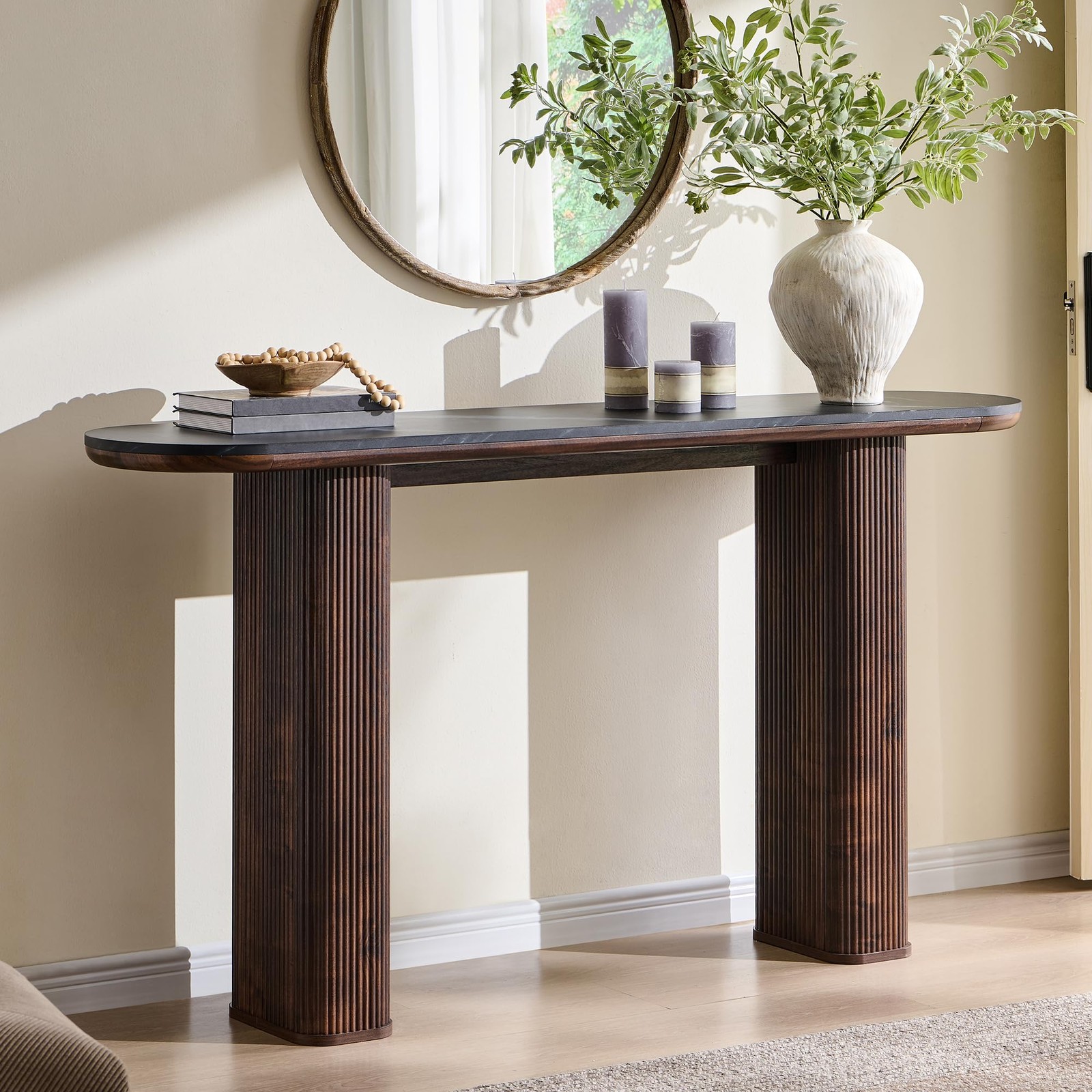 63in Modern Console Sofa Table Arc Faux Marble Top Fluted Wood Base Dark Walnut gallery