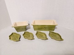 Tastefully Simple Green Leaf Pattern, Square/Oblong Baking Dishes, 4 Dip Trays