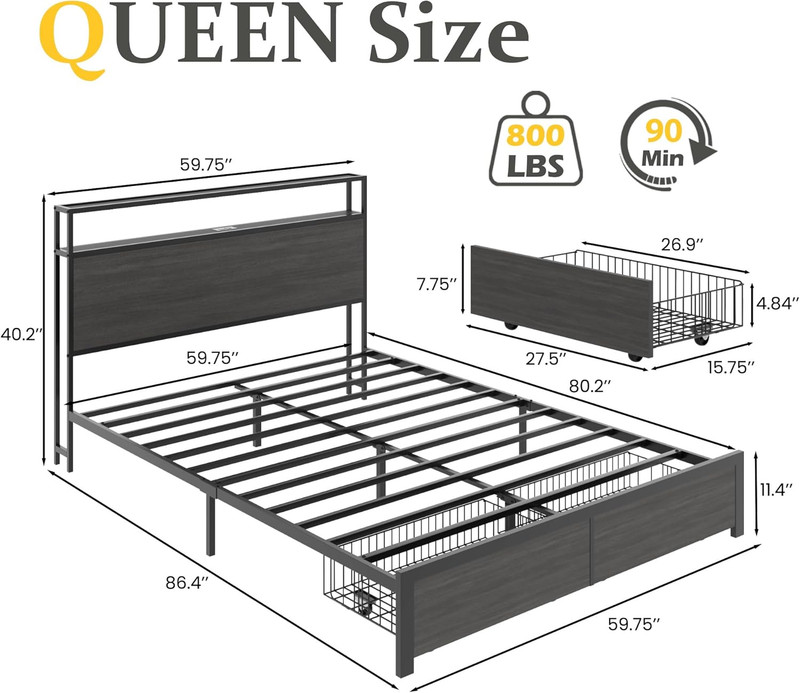 Queen Bed Frame LED Storage Headboard Drawers Charging Metal Rustic Grey gallery