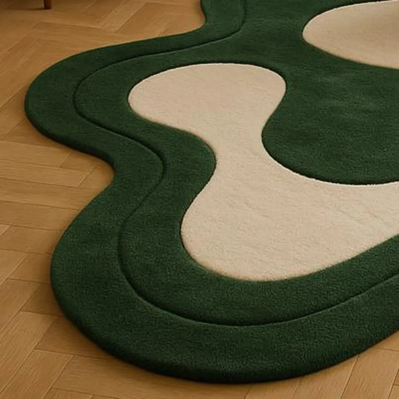 Luxury Hand Tufted Irregular Shape Wool Rug – Green & Cream Modern Abstract Carp gallery