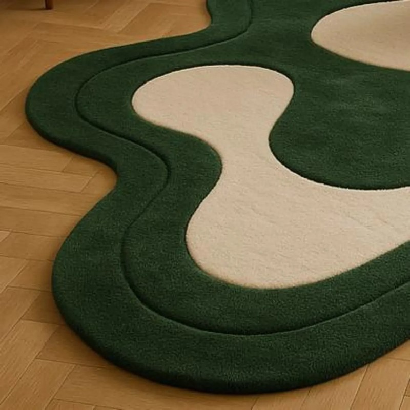 Luxury Hand Tufted Irregular Shape Wool Rug – Green & Cream Modern Abstract Carp gallery