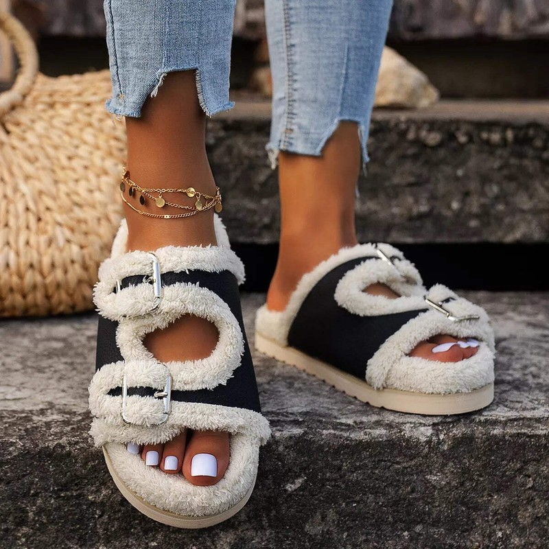 Double Buckle Plush Lined Platform Slippers gallery