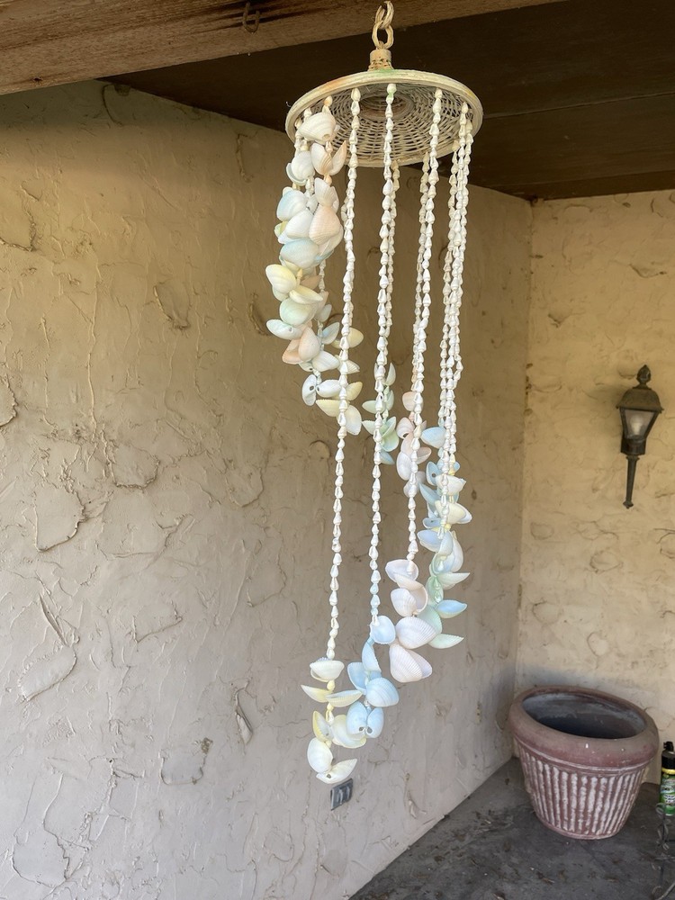 RARE~Vintage~Cascading~Seashell~Wind Chimes~28" Spiraling~Boho Retro~Beach~Color