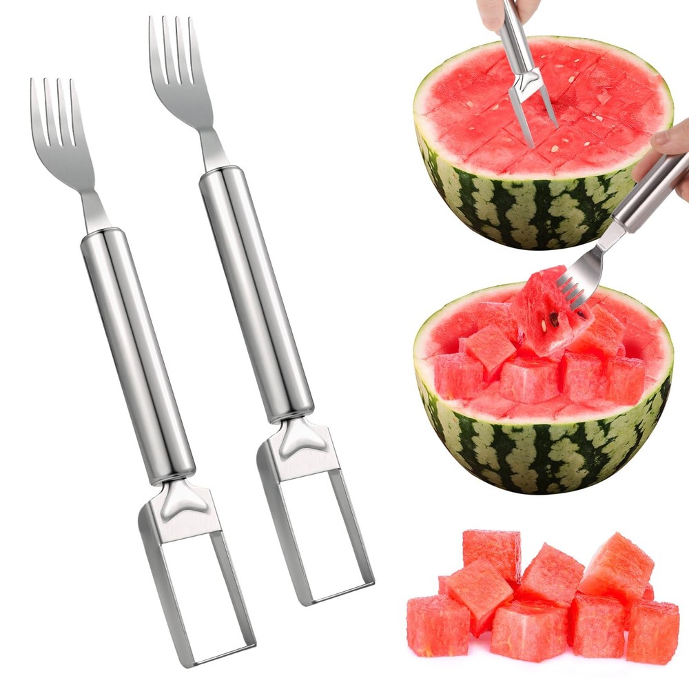 2pcs Silver Watermelon Fork Slicer Cutter, Stainless Steel, 9.45x1.38x0.79in,