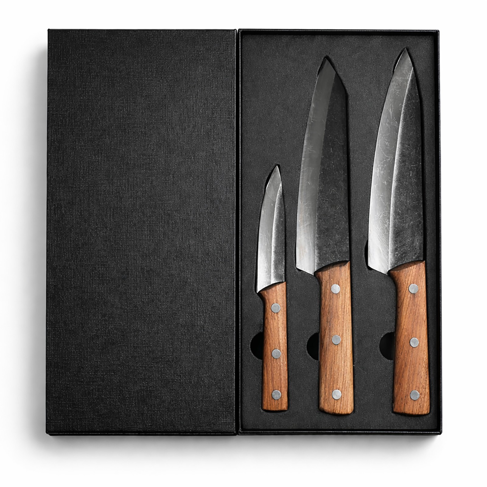 3 Piece Carbon Steel Kitchen Knives Set Chef Utility Paring Wood Handle Box gallery