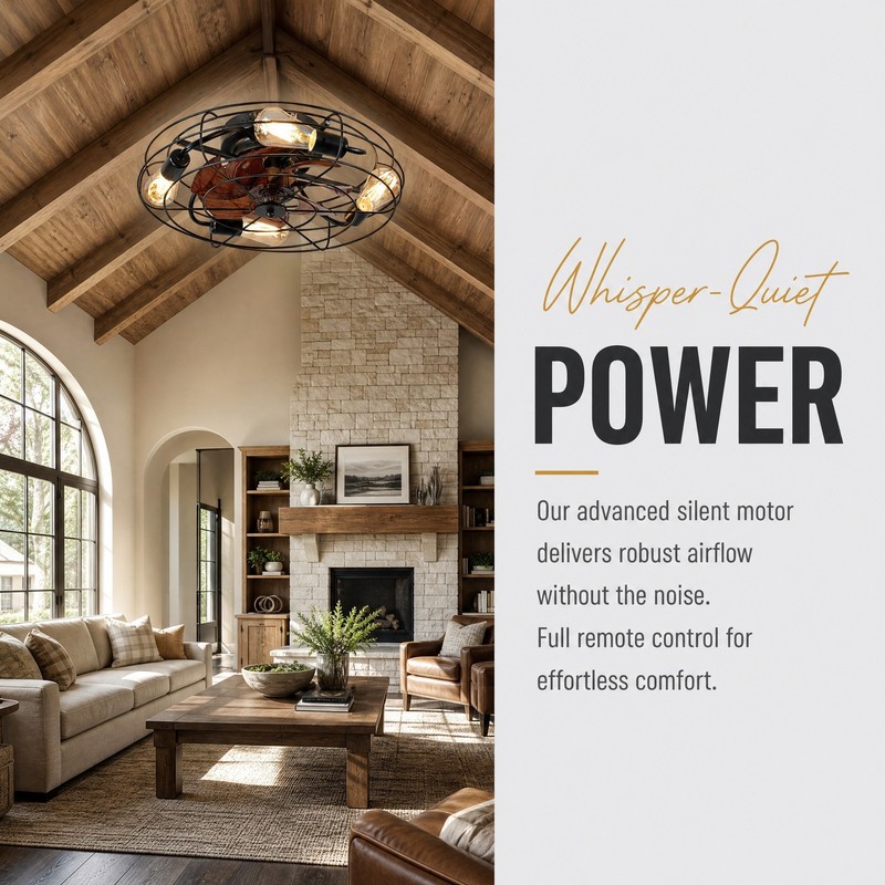 20'' Caged Ceiling Fan with Light Low Profile Flush Mount Remote Control Black gallery
