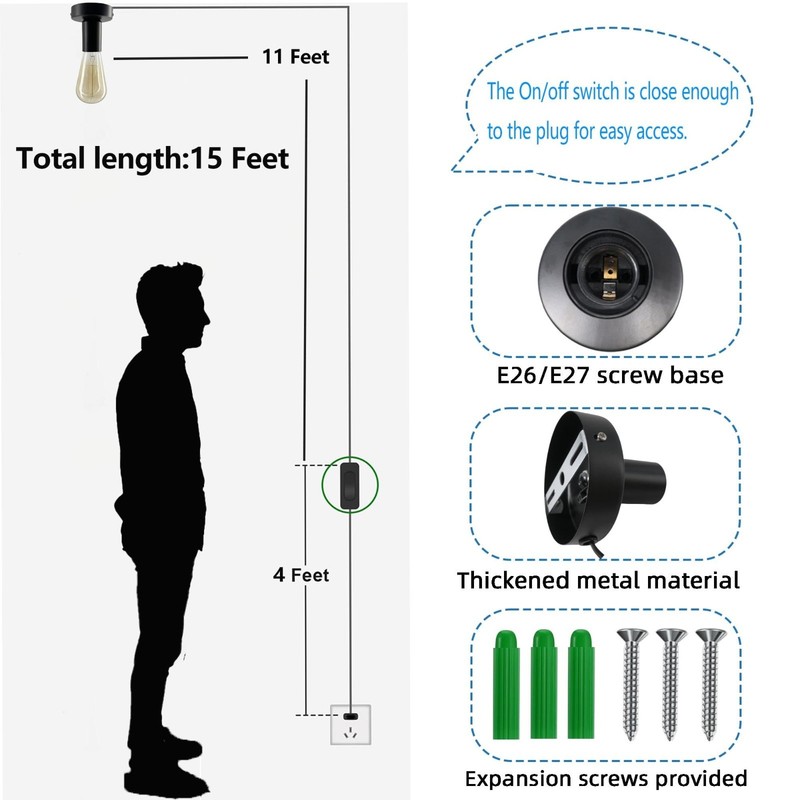 15ft Black Light Socket Cord E26/E27 Table Lamp Base with On/Off Switch - 2 Pcs gallery