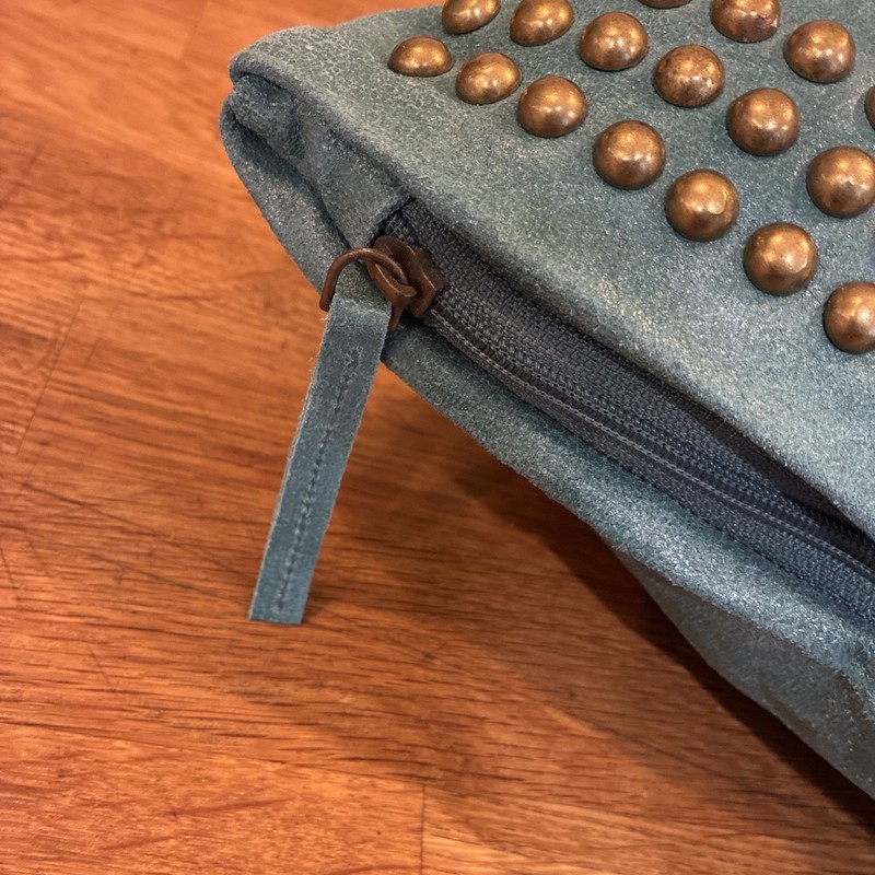 Ethan Allen Leather Turquoise Studded Brass Accents Pillow With Duck Down 20x20 gallery