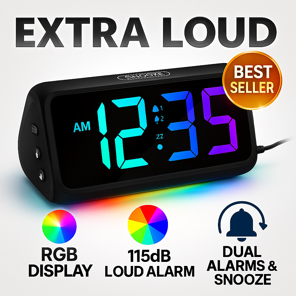 Extra Loud Alarm Clock for Heavy Sleepers Adults Kids, RGB Digital Clock Plug In gallery