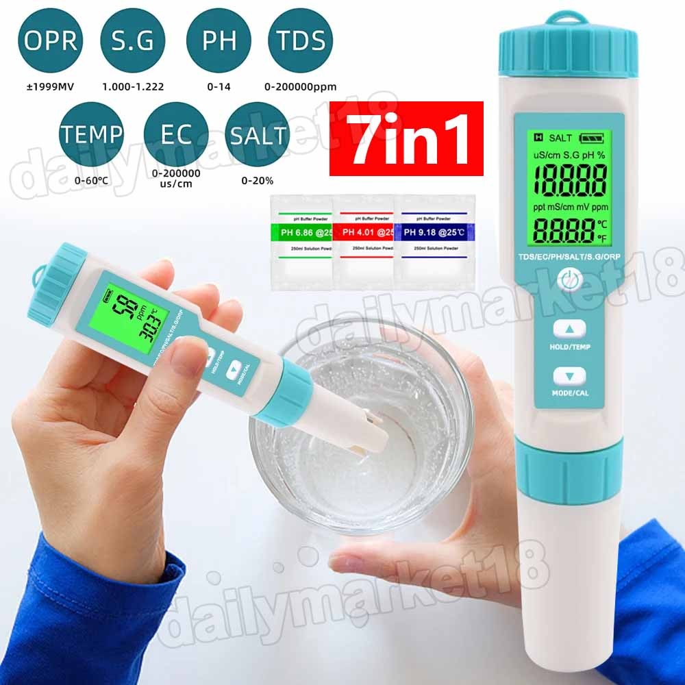 7in1 Digital Water Quality Tester Meter PH/TDS/EC/ORP/TEMP/SG/Salinity Test Pen gallery