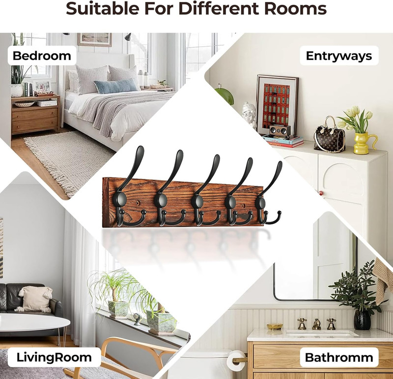 Coat Rack Wall Mounted, Pre-Assembled 16" Coat Hooks with 5 Hooks, Heavy Duty Ru gallery