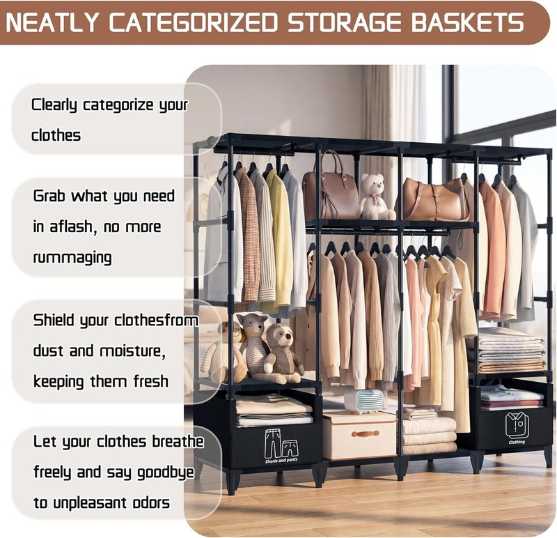 Portable Closet,Sturdy Stable Large Capacity Wardrobe Closet,Clothes Rack with gallery