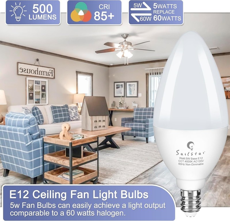 Energy-Efficient E12 Candelabra Bulbs - 5W LED, 500 Lumens, 4000K Bright White gallery