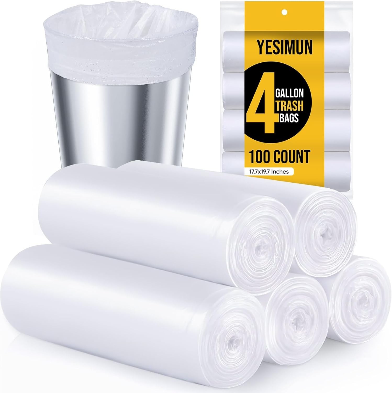 100 PC 4 Gallon Trash Bags Liner Kitchen Small Garbage Rubbish Bags 5 Roll White gallery