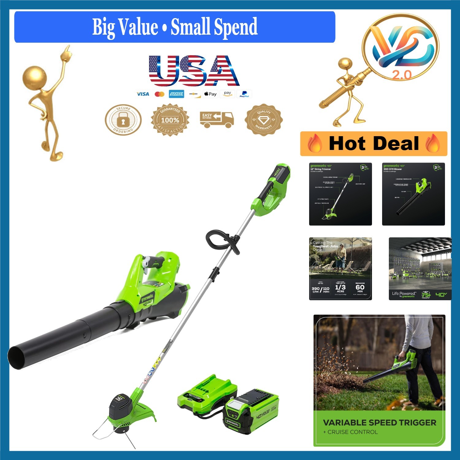 40V Cordless Yard Tool Combo Kit Trim & Blower Battery Powered Lightweight gallery