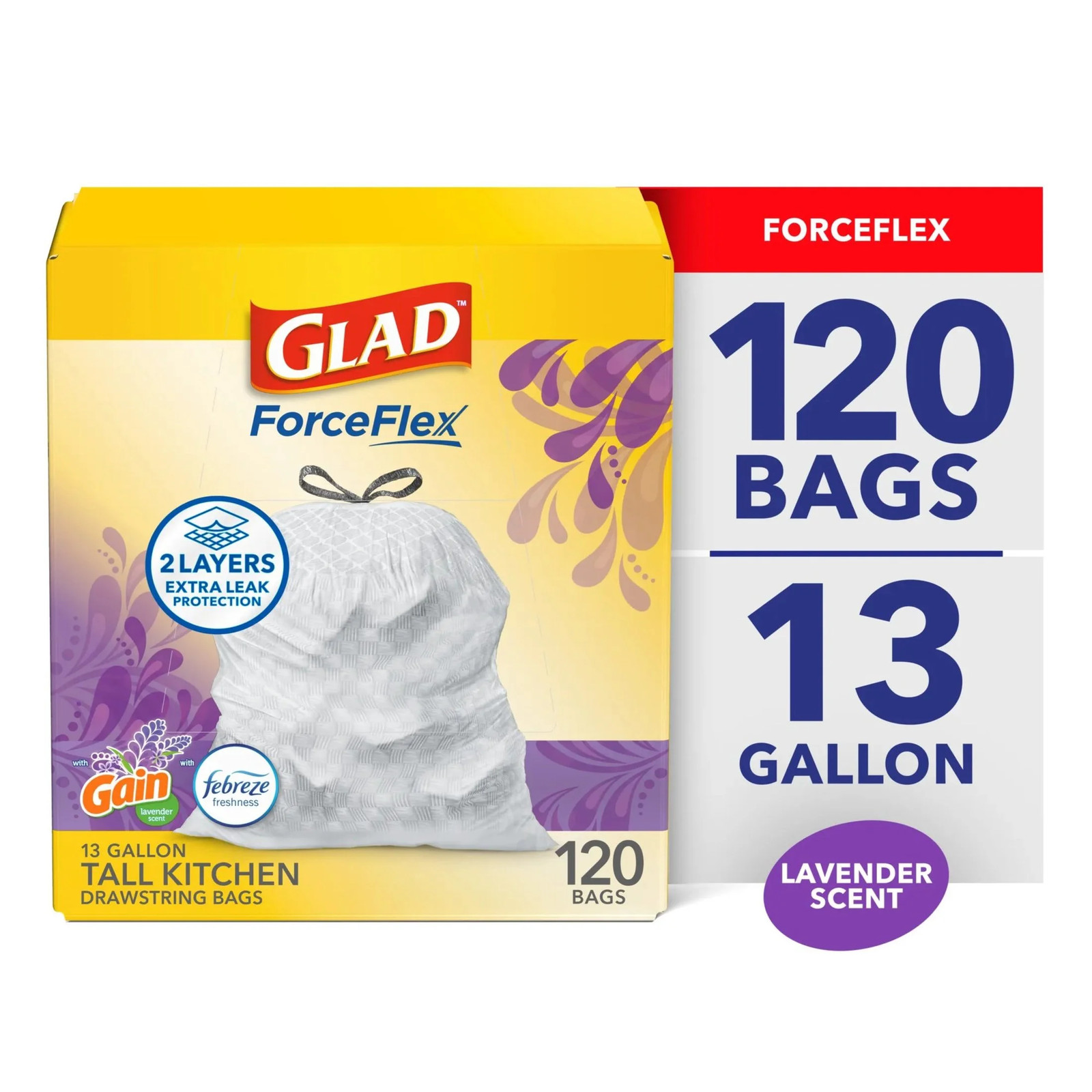 Forceflex Tall Kitchen Drawstring Trash Bags, 13 Gallon, Gain Lavender with Febr gallery