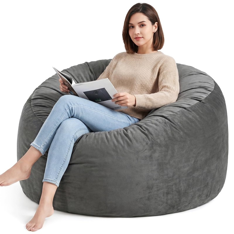 3FT Medium Memory Foam Bean Bag Chair, Soft Washable Velvet Cover - Grey, Ideal gallery