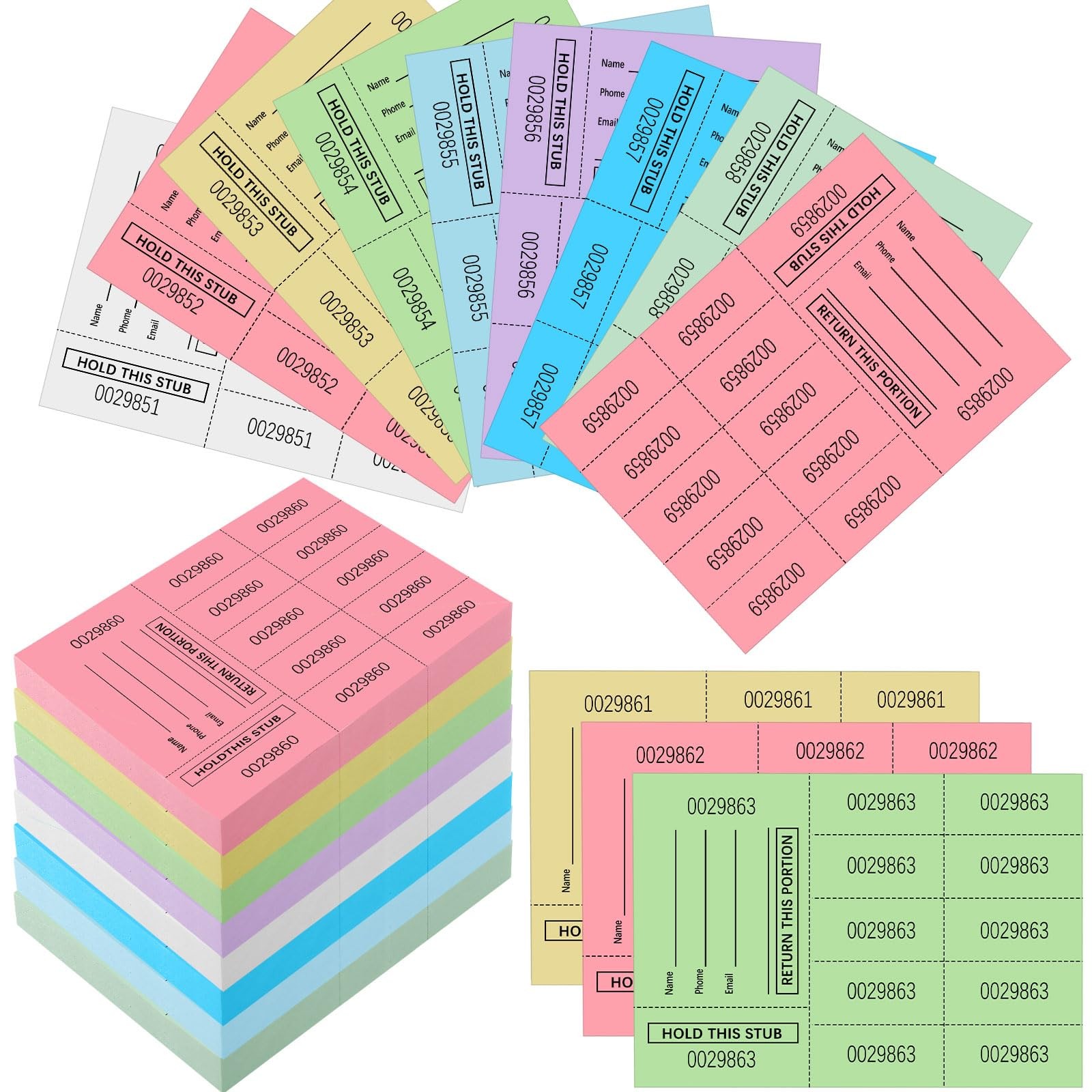 600 Sheets Multicolor Raffle Tickets Chinese Auction 10 Bid Numbers 3.3x4.5 In gallery