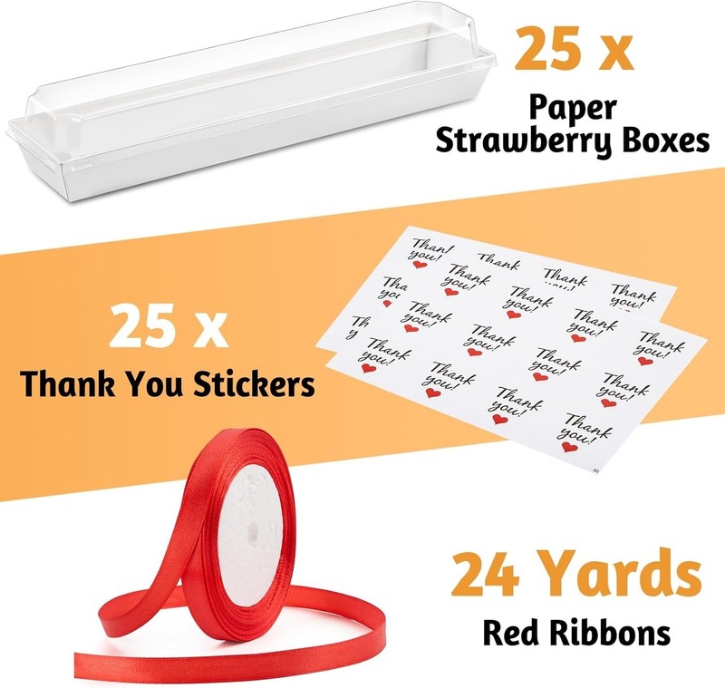 25 Pack Paper Strawberry Boxes with Clear Lids, 12 x 2.6 x 2 Inches White Lon... gallery