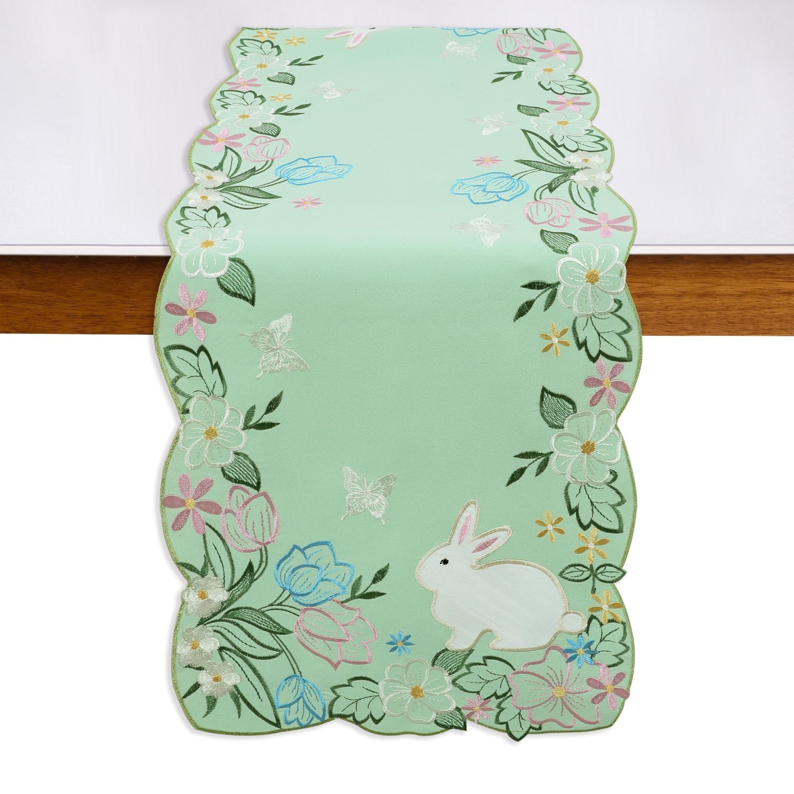 Embroidered Rabbit Floral Table Runner for Easter Home Party Decor, 13x48 gallery