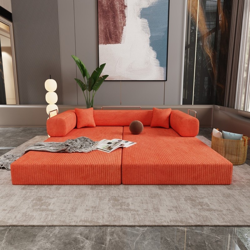 Sleeper Sofa Bed 2-Seater Convertible Couch Corduroy Foam Orange gallery