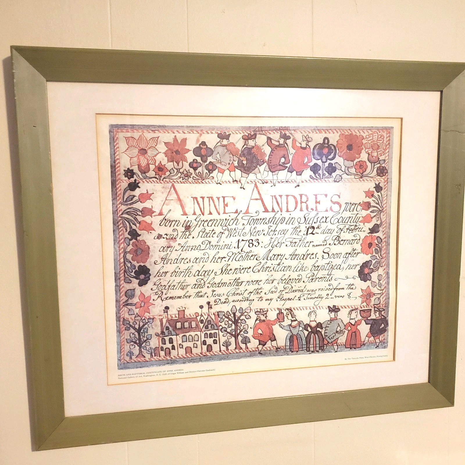 Anne Andres Repro 1783 Baptism Certificate Greenwich, NJ, 2 Timothy 2:8 Bible gallery