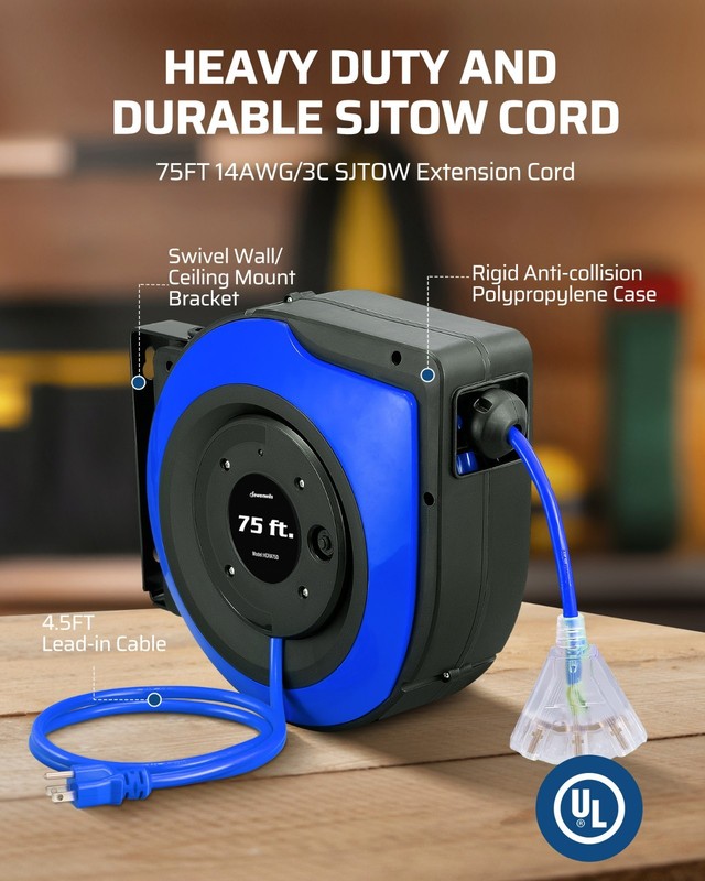 DEWENWILS Retractable Extension Cord Reel, 75 FT Heavy Duty Power Cord, 14/3C gallery