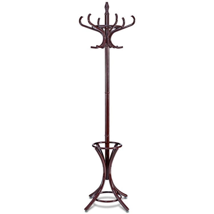Wooden Standing Hat Coat Rack Tree Bag Hanger Tree 12 Hook Umbrella Stand Brown gallery