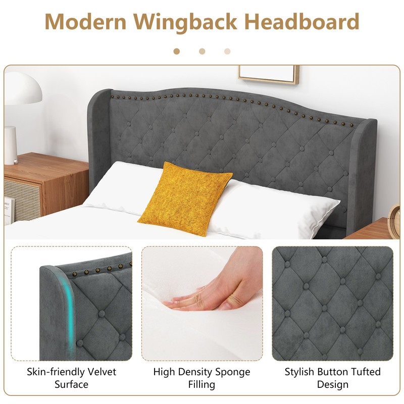 Full Upholstered Bed Base Bed Frame w/ High Density Sponge Padded Headboard Grey gallery