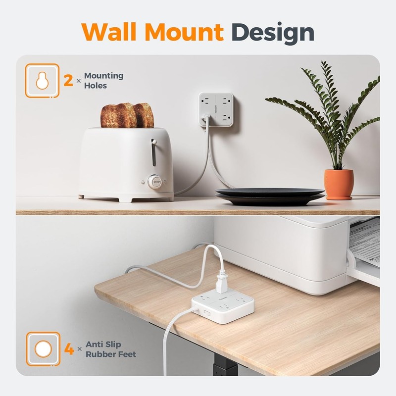 TESSAN Small Flat Plug Power Strip with 3 USB (1 USB C) and 3 AC Surge Protector gallery