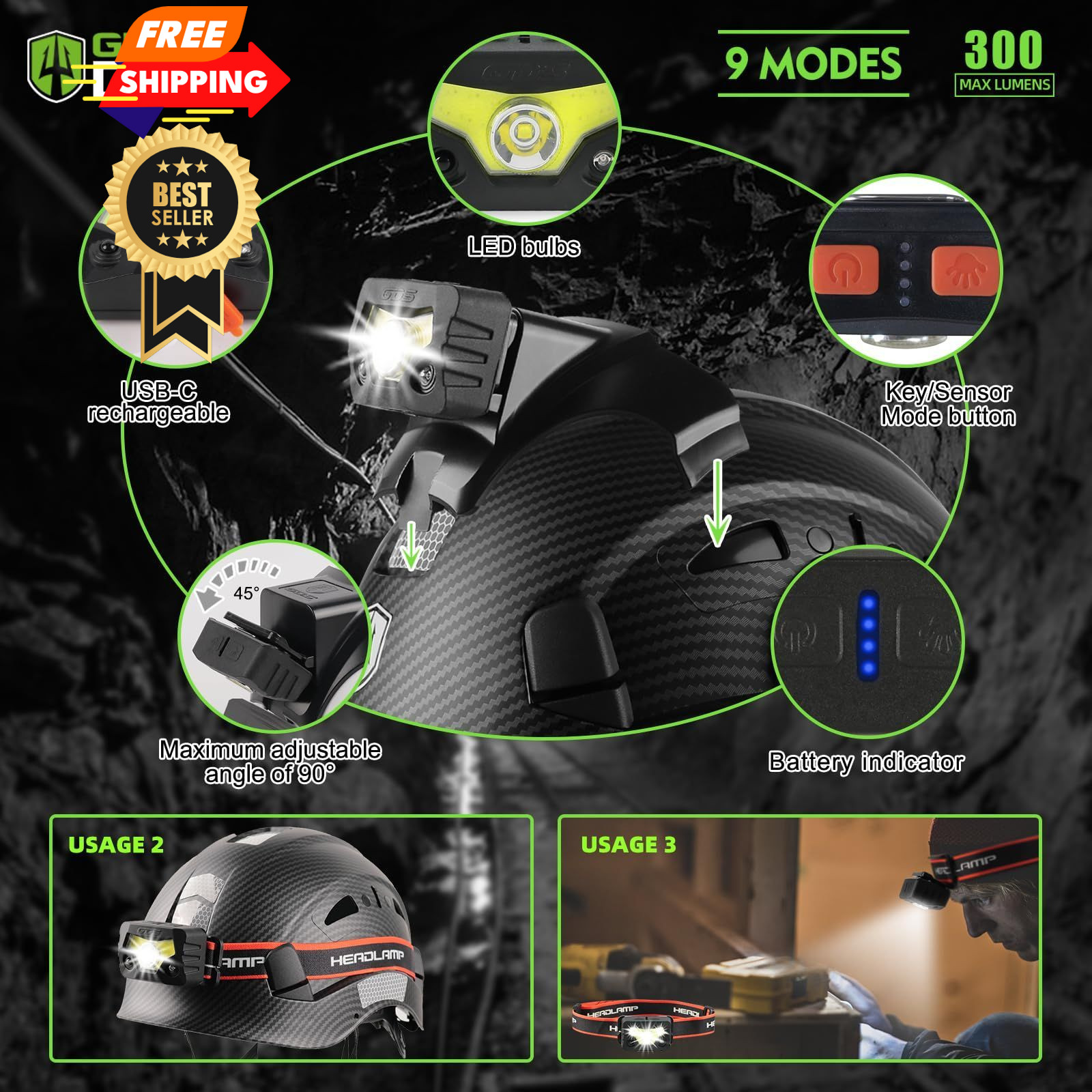 GREEN DEVIL Hard Hat Safety Helmet with Rechargeable Medium, Matte Black gallery