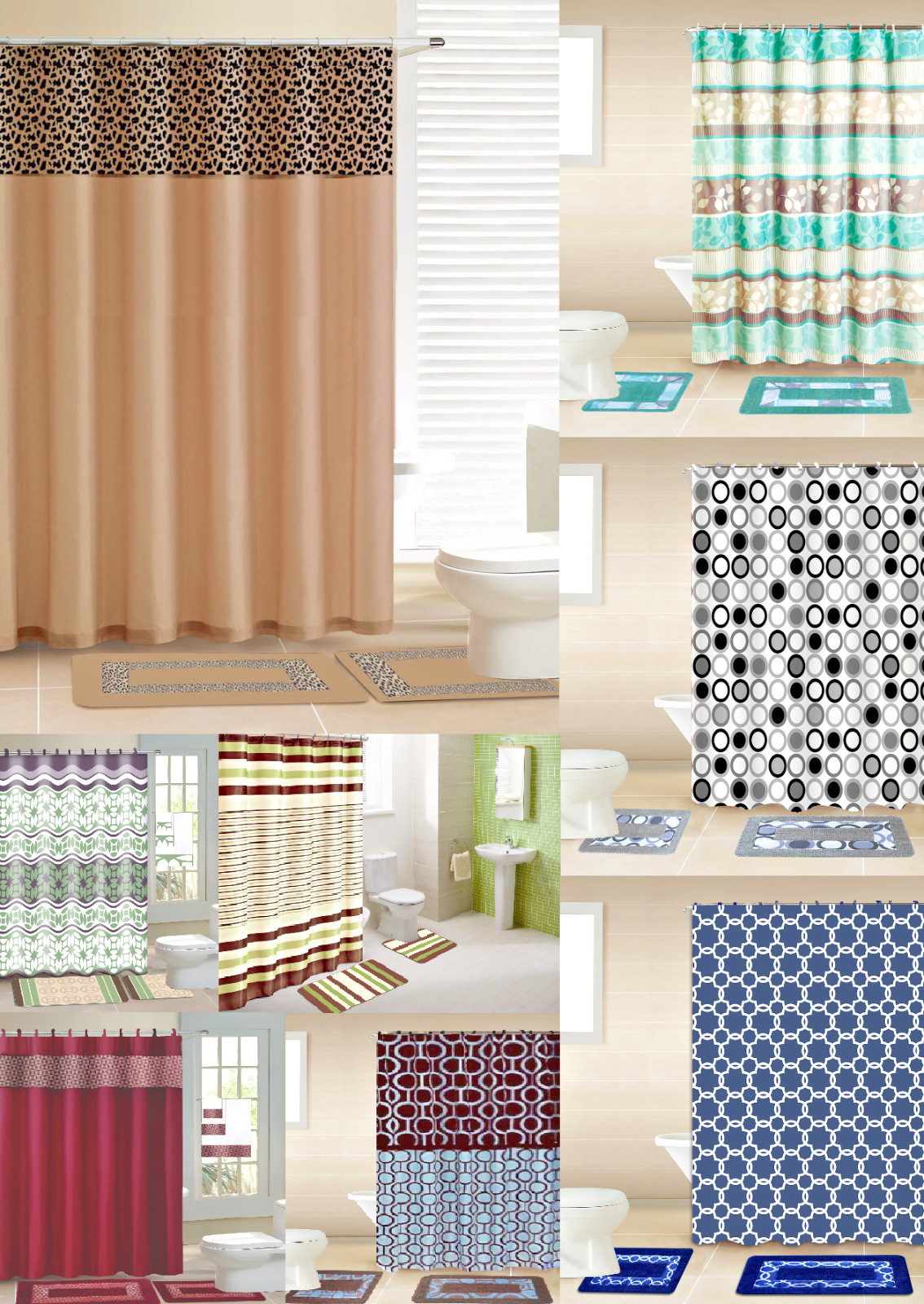 COMPLETE SET SHOWER CURTAIN W/HOOKS + BATHROOM MAT RUG NEW DESIGNS 15PC GR1 gallery