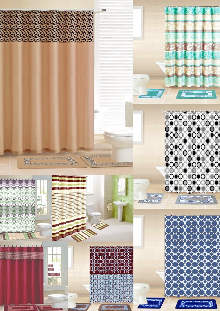 COMPLETE SET SHOWER CURTAIN W/HOOKS + BATHROOM MAT RUG NEW DESIGNS 15PC GR1