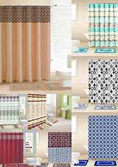COMPLETE SET SHOWER CURTAIN W/HOOKS + BATHROOM MAT RUG NEW DESIGNS 15PC GR1