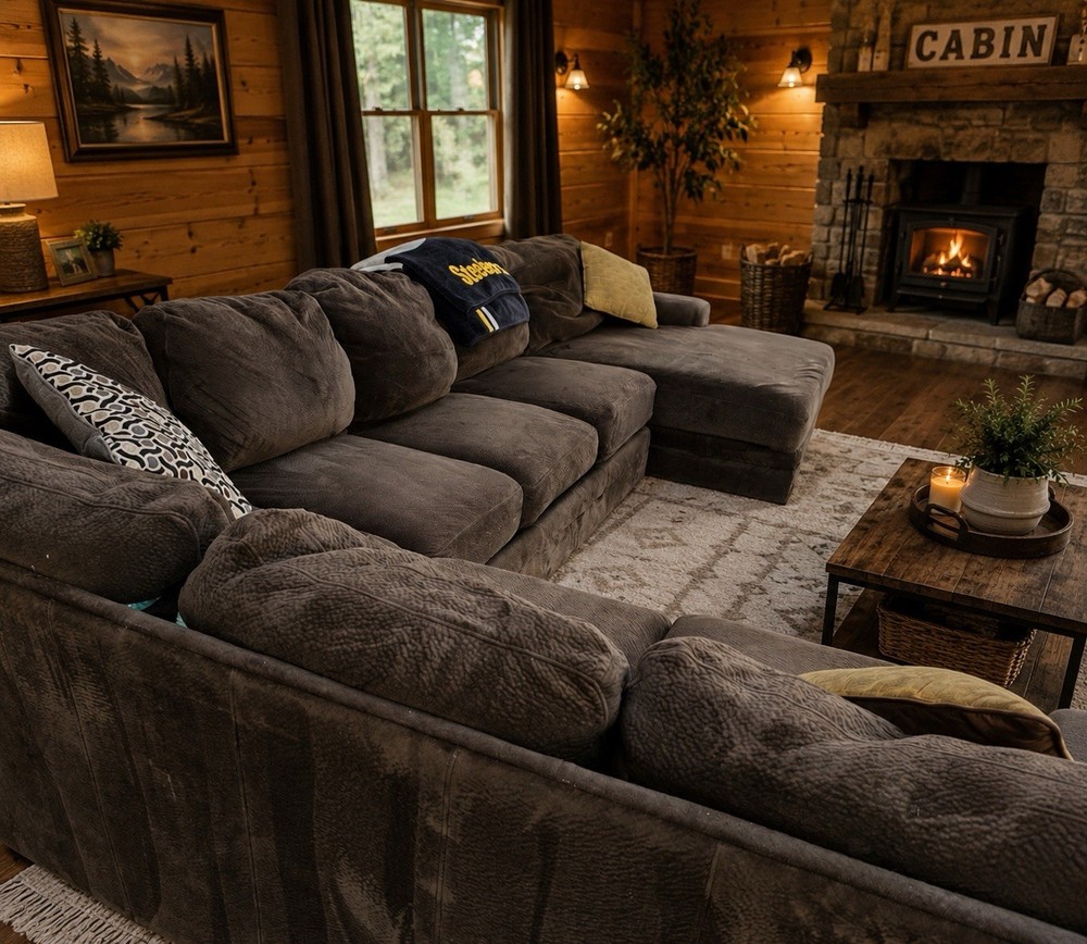 Brown Solid Fabric Sectional Sofa/Couch Right Chaise Traditional Round Arm