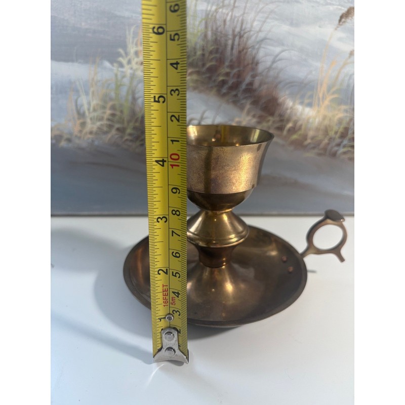Vintage Solid Brass Chamberstick Candle Holder with Finger Loop Handle Patina gallery