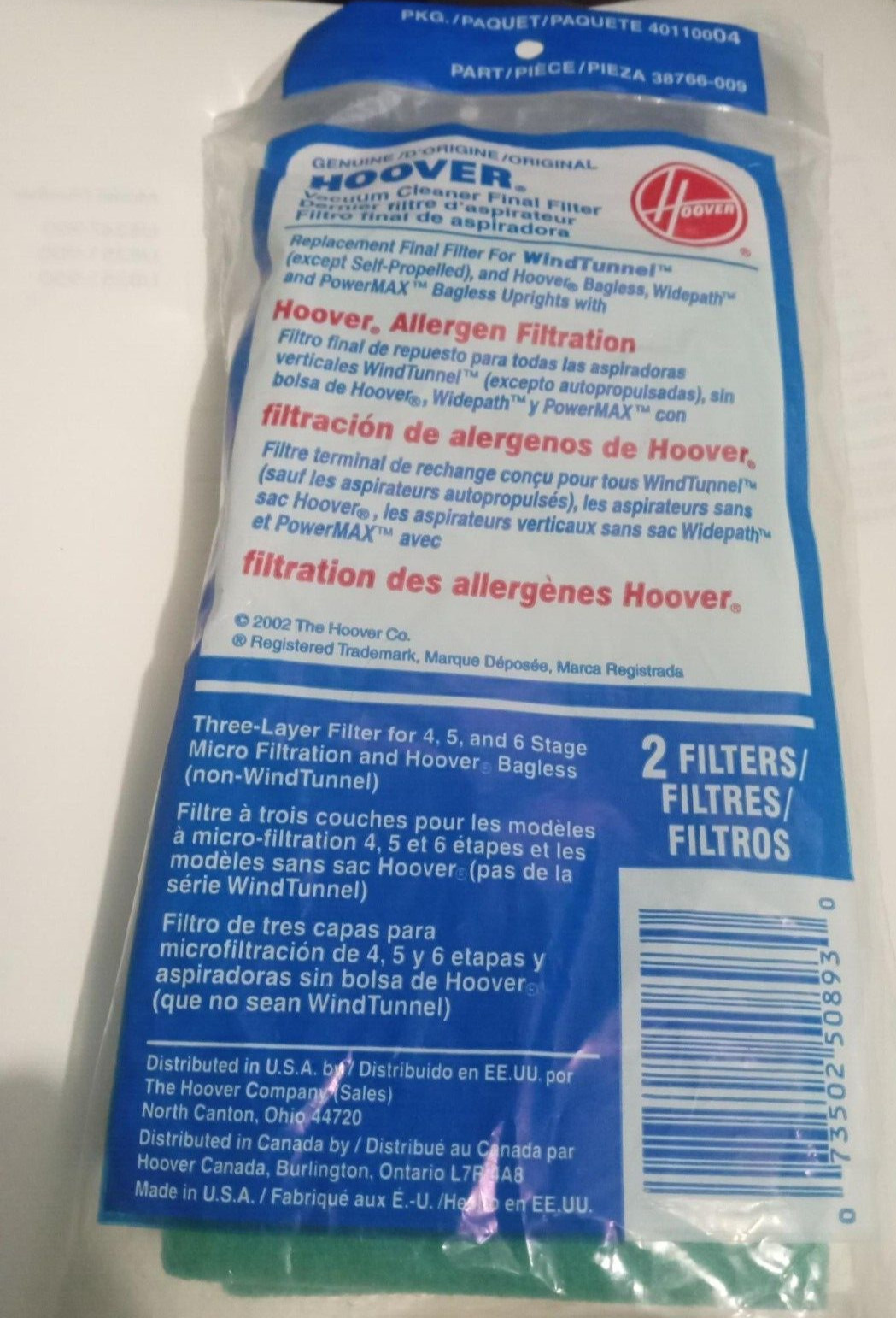 GENUINE HOOVER VACUUM CLEANER FINAL FILTER #40110004 FOR WINDTUNNEL UPRIGHTS 2PK gallery
