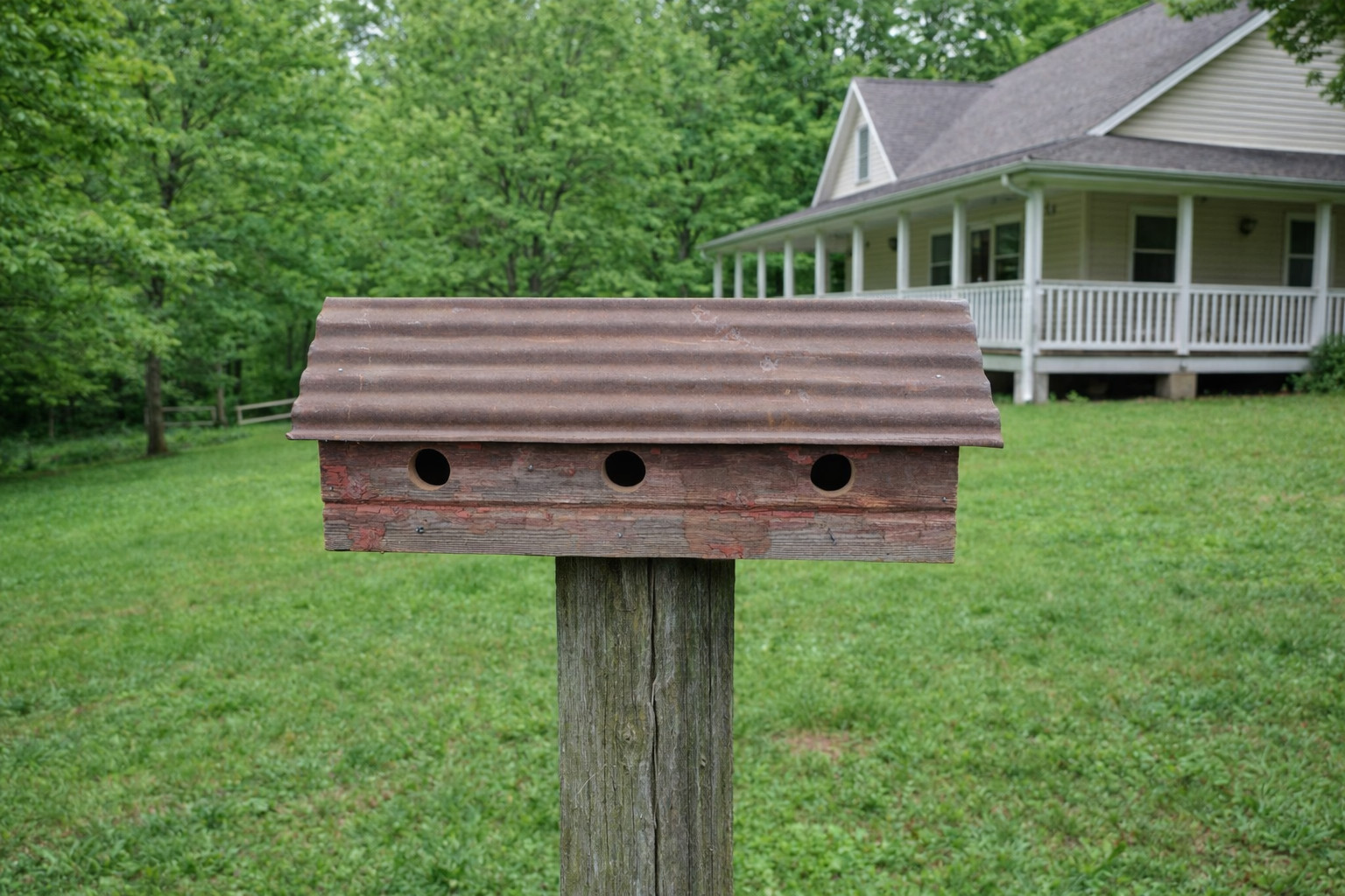 3 Hole Horizontal Reclaimed Barn wood Bird House with Old Tin Roof gallery