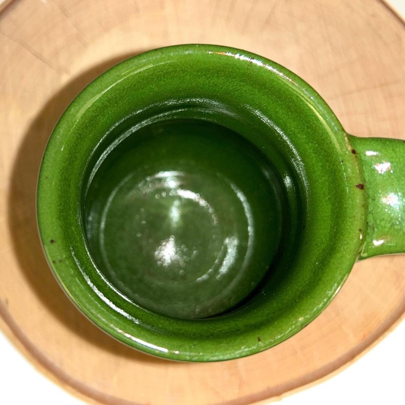 Rustic handmade studio pottery mug - etched tan with green speckled glaze gallery