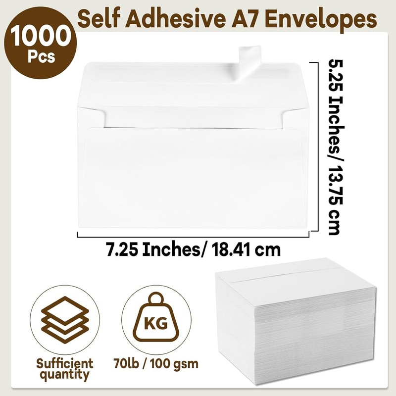 1000 Pack White A7 Self-Seal Envelopes - 5.25x7.25 for 5x7 Cards gallery