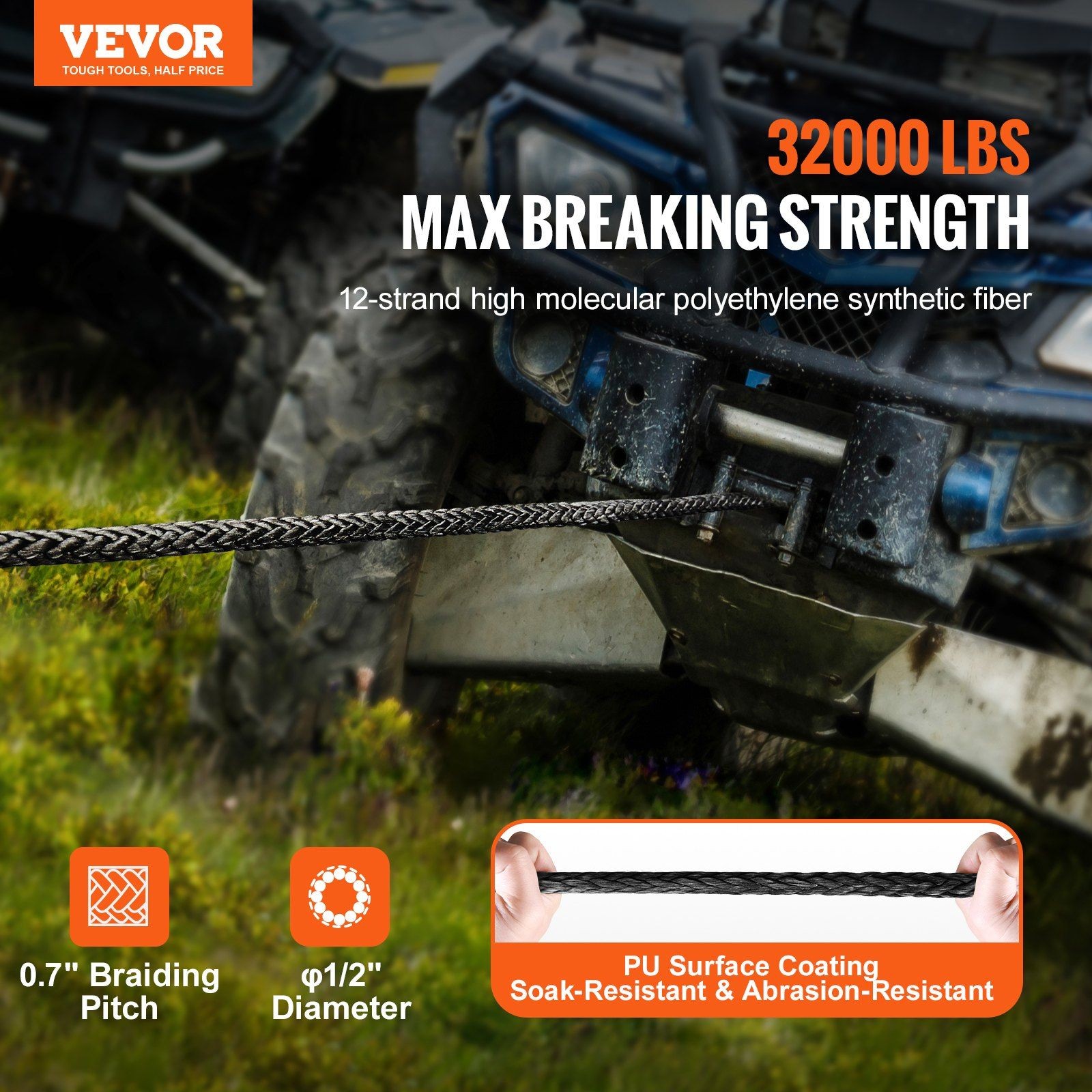 1/2in x 92ft 32000lb Abrasion-Resistant Winch Rope with 1.8m Safety Marker gallery