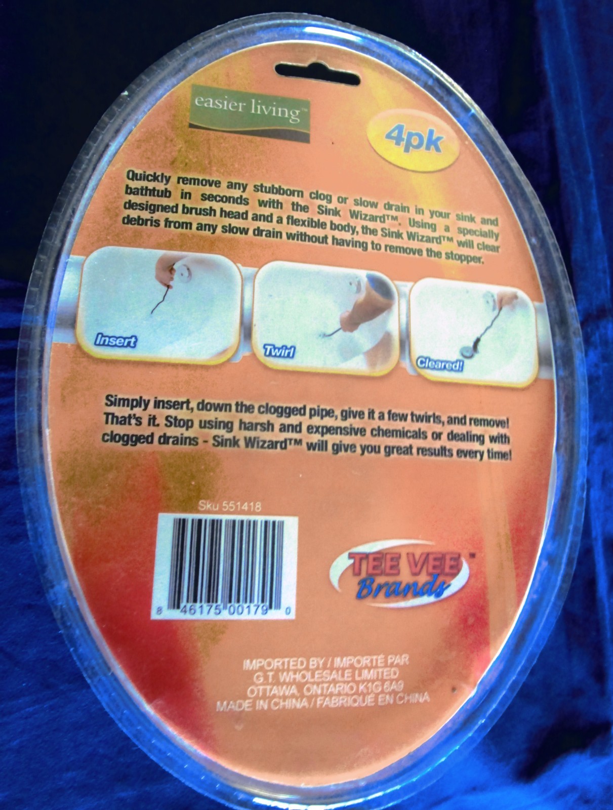 SINK WIZARD-DRAIN CLOG REMOVAL TOOL-NEW-4 PACK--INSERT---TWIRL--CLEARED gallery
