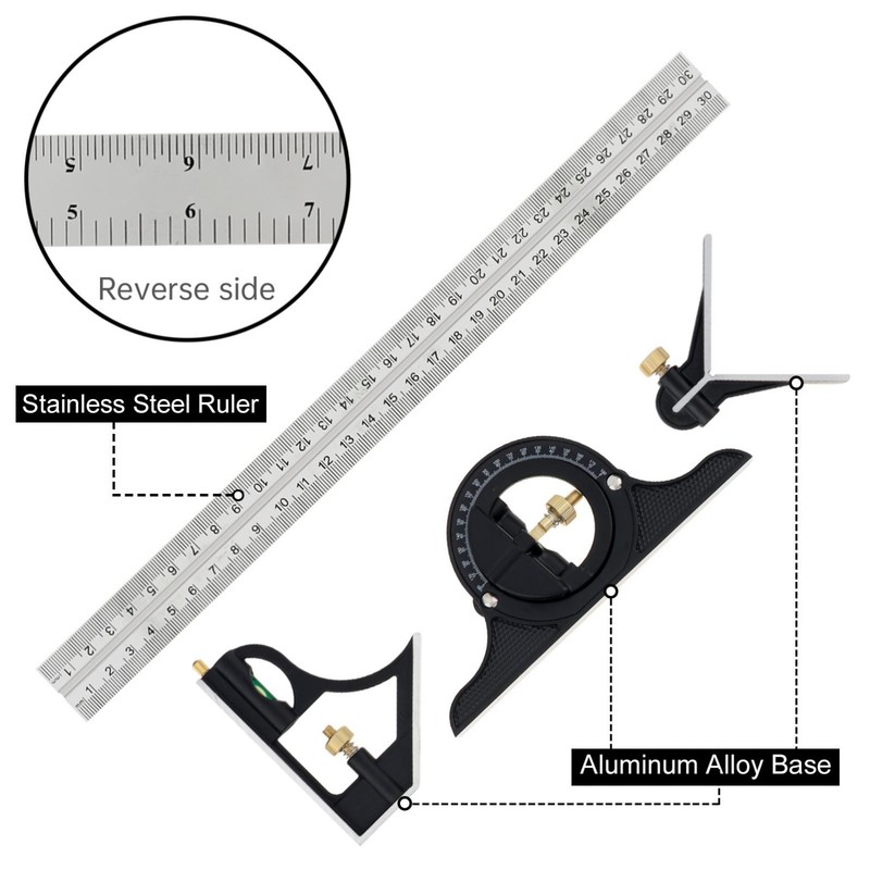 12" Adjustable Sliding Combination Tri Square Ruler & Protractor Level Measure gallery