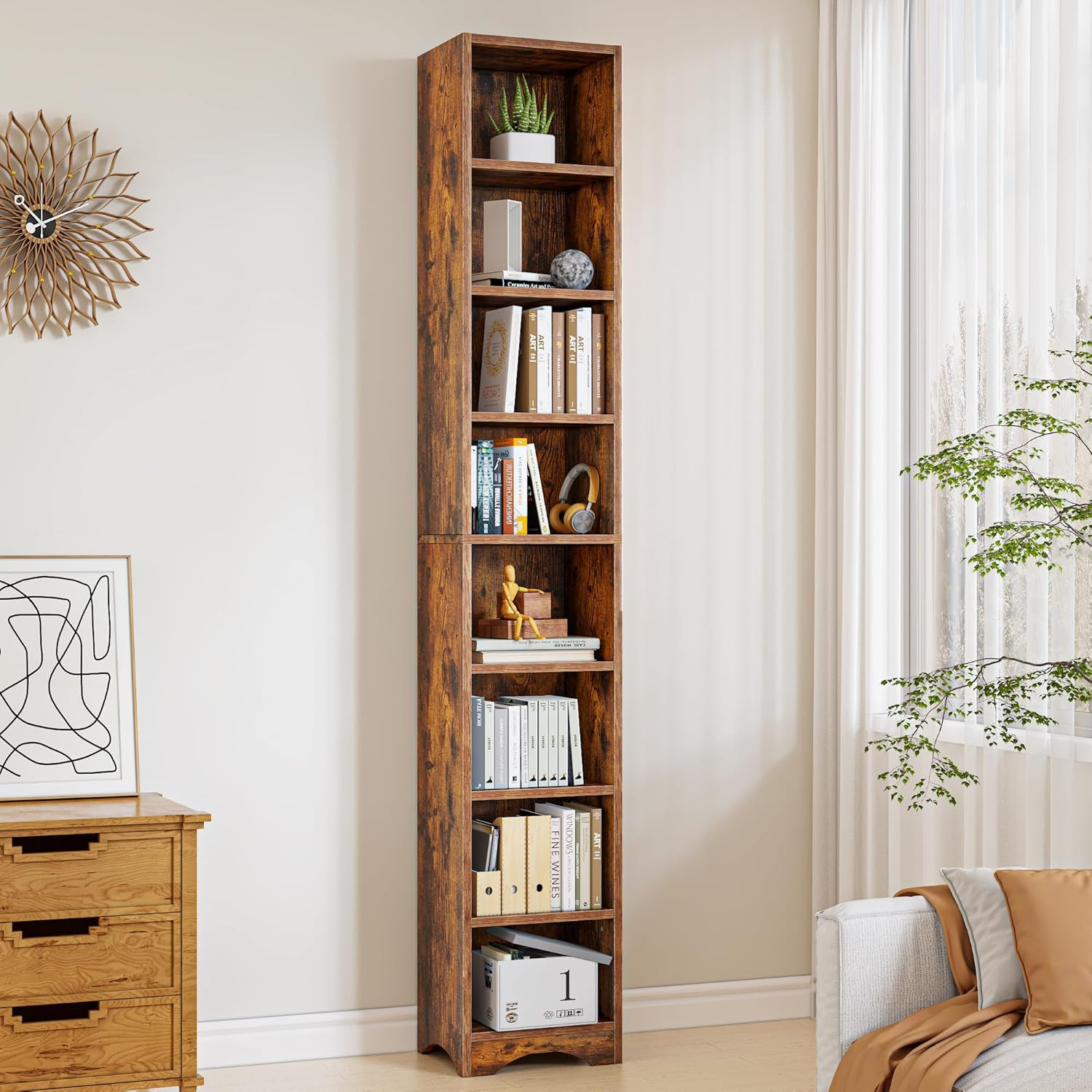 71" Tall Slim Corner Bookshelf with 6 Adjustable Shelves, Vintage Brown gallery
