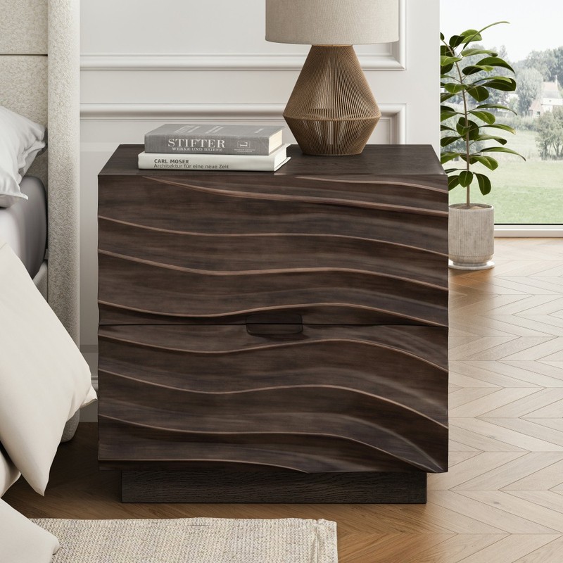 Solid Wood Nightstand with 2 Drawers, No Handle Bedside Table, Brown gallery