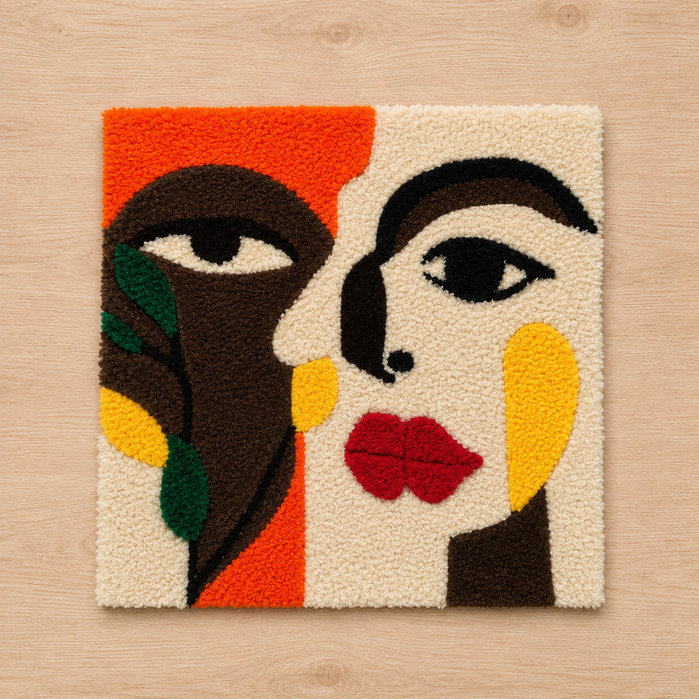 Handmade Modern Abstract Face Tufted Wall Art Rug 30x30 Textile Decor