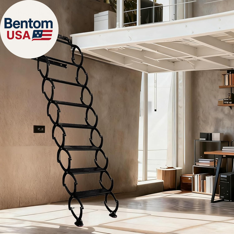 10FT Pull down Attic Stairs, 12 Steps Wall Mounted Folding Loft Ladder,Extension gallery