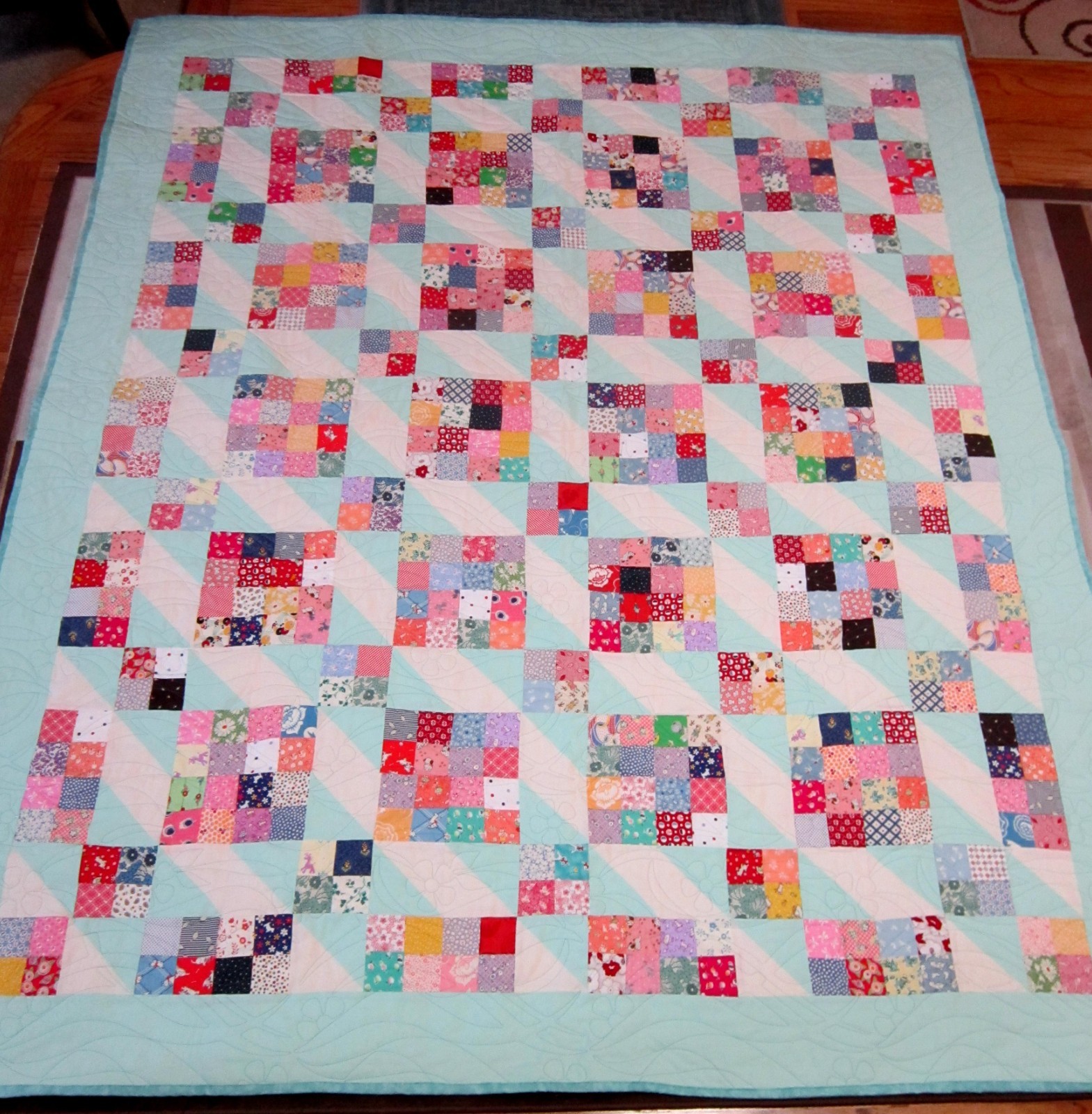 USA Handmade Full Size Quilt-Jacobs Ladder Patchwork- 68" x 80" Turquoise gallery