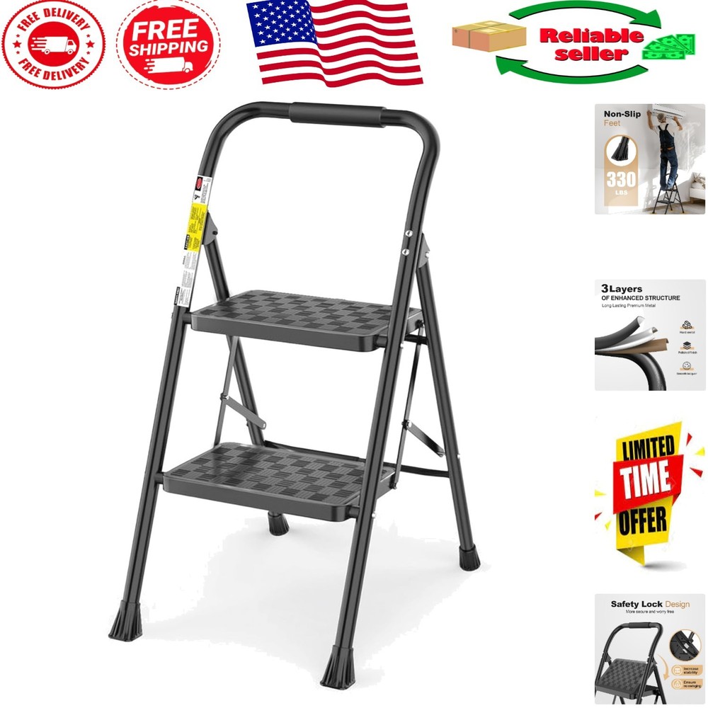 Ergonomic 2 Step Ladder Stool, Lightweight & Lock-Free Design, 330 lbs Capacity